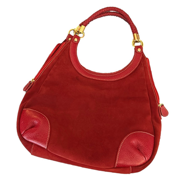 J. McLaughlin Handbags - J. McLaughlin Red Suede Bag Leather Braided Handles RARE All Red